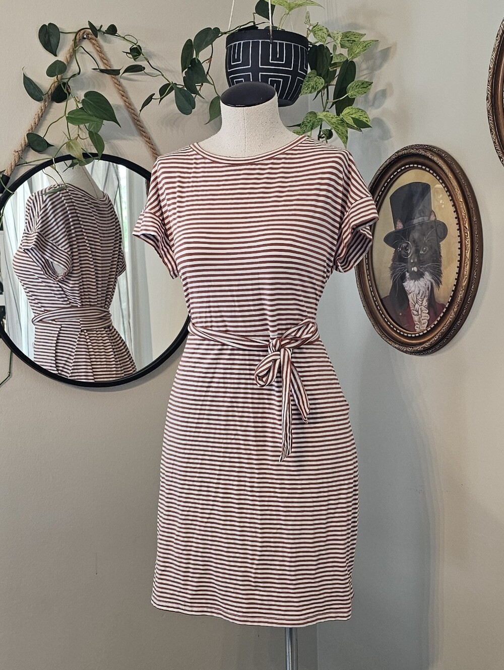 Merokeety (Amazon) Brown Striped Tie-Waist Mini Dress in Brown and White LARGE